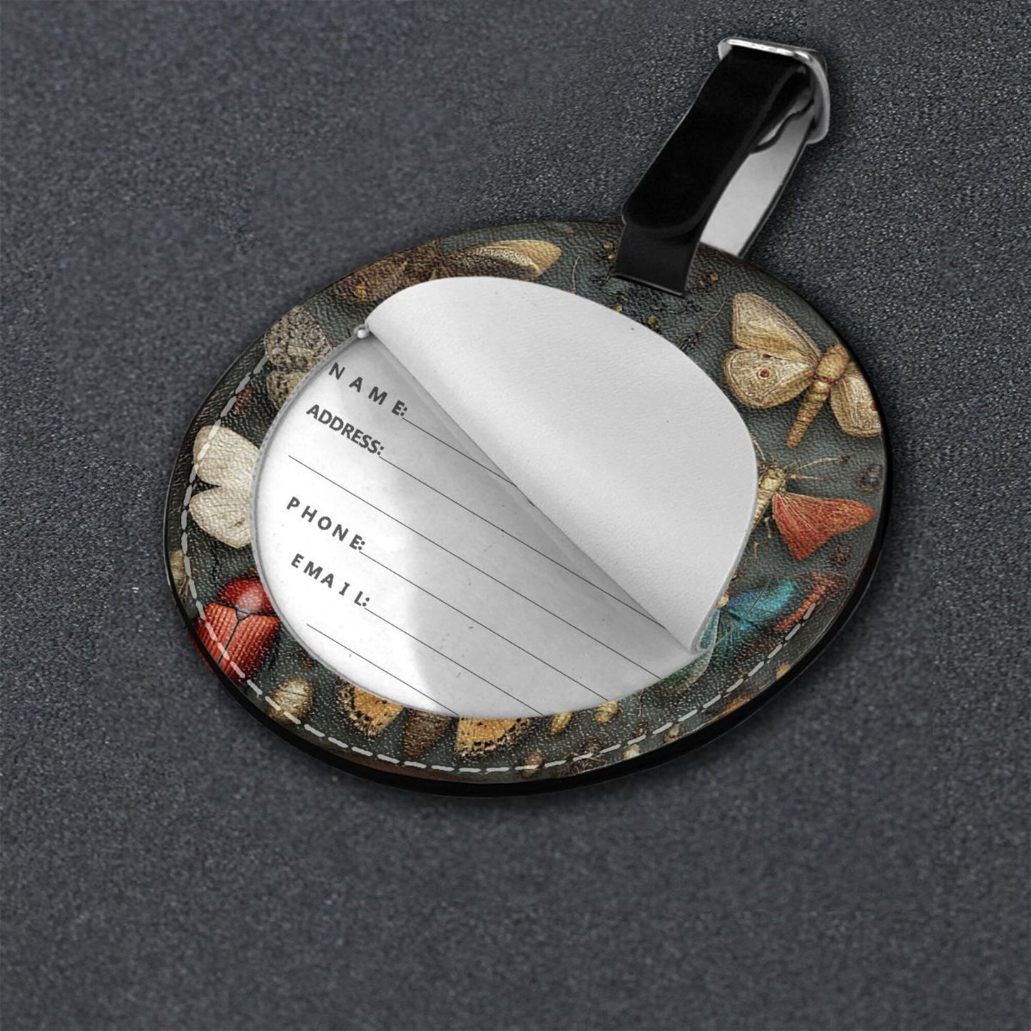 Round Leather Luggage Tag with Insect & Butterfly Specimen Art Design – Travel Bag Identifier with Privacy Card – 3.7in / 9.8cm Vintage Nature Style