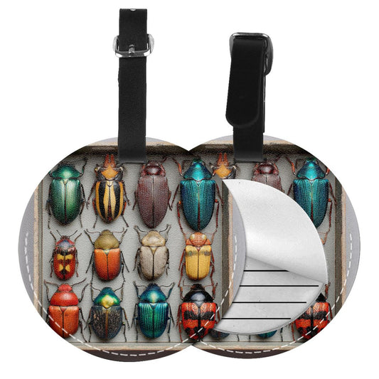 Round Leather Luggage Tag with Colorful Beetle Specimen Design – Travel Bag Identifier with Privacy Card – 3.7in / 9.8cm Natural History Art Style