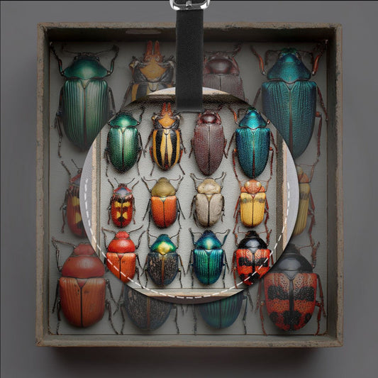 Round Leather Luggage Tag with Colorful Beetle Specimen Design – Travel Bag Identifier with Privacy Card – 3.7in / 9.8cm Natural History Art Style