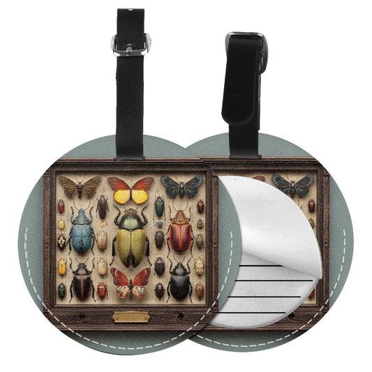 Round Leather Luggage Tag with Insect & Butterfly Display Case Design – Travel Bag Identifier with Privacy Card – 3.7in / 9.8cm Vintage Natural History Style